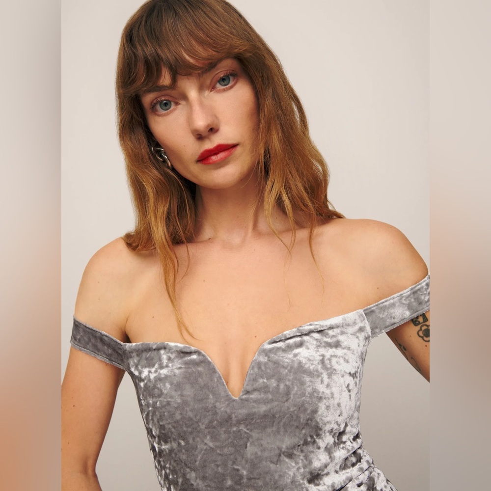 Reformation Silver Off-Shoulder Top